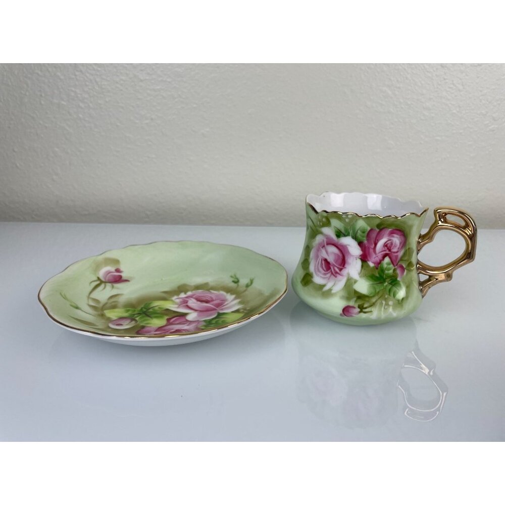 Lefton China Hand Painted Green & Pink Rose Teacup & Saucer Set, Gold Vintage - Picture 15 of 16